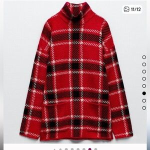 Zara Red and Black Plaid Knit Sweater with Pouch Pockets